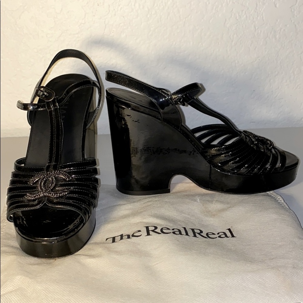 Chanel CC Patent Leather Ankle Strap Sandals